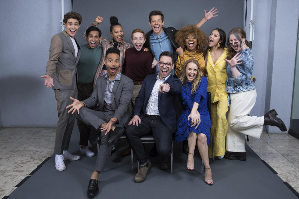 Joshua Bassett, on left, Frankie A. Rodriguez, Mark St. Cyr, Sofie Wylie, Larry Saperstein, Matt Cornett, Tim Federle, Dara Renne, Kate Reinders, Olivia Rodrigo, and Julia Lester pose at the Disney + launch event promoting "High School Musical: The Musical: The Series" at the London West Hollywood hotel on Saturday, Oct. 19, 2019 in West Hollywood, Calif. (Photo by Mark Von Holden/Invision/AP)