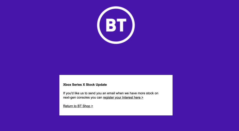 The BT store showing the Xbox series X as sold out (BT)