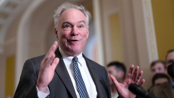 PHOTO: Sen. Tim Kaine joins the Senate Democratic leadership to speak to reporters about ending the 2001 authorization for use of military force enacted after the Sept. 11, 2001 terrorist attacks, at the Capitol in Washington, March 15, 2023. (J. Scott Applewhite/AP)