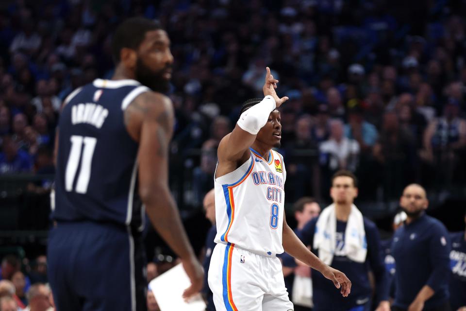 Thunder forward Jalen Williams (8) celebrates after scoring during the second quarter against the Mavericks on Saturday in Game 3 in Dallas.