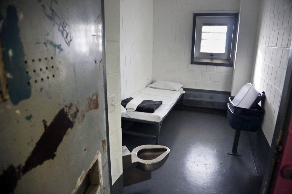 FILE - This photo shows a solitary confinement cell called "the bing," at New York's Rikers Island jail, Jan. 28, 2016. On Friday, Jan. 19, 2024, New York Mayor Eric Adams vetoed bills aimed at banning solitary confinement in city jails and requiring more transparency in police encounters with civilians, setting up a face-off with the City Council, which says it has enough votes to override him. (AP Photo/Bebeto Matthews, File)