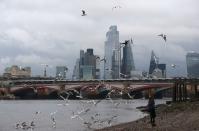 A woman feeds birds on the bank of the river Thames with London's financial district seen in the background, amid the coronavirus disease (COVID-19) in London