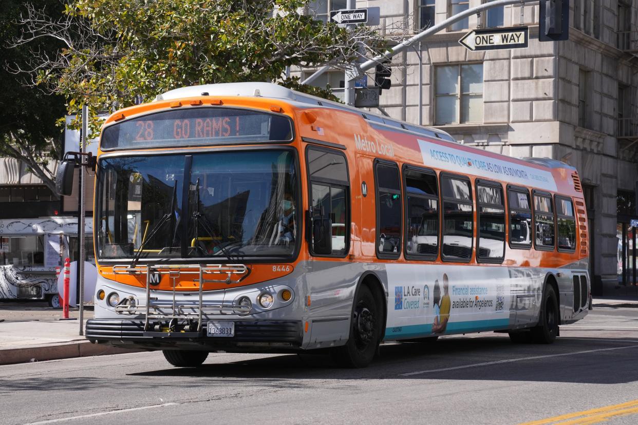 A Los Angeles Metro bus is seen in Los Angeles on Feb. 9, 2022.