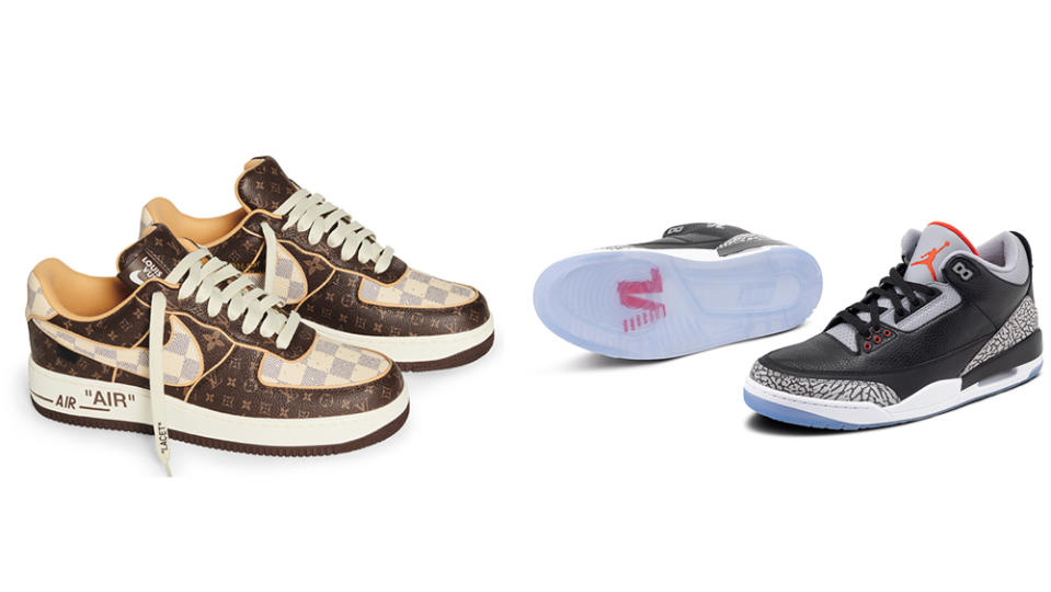 From left to right: Louis Vuitton x Nike Air Force 1 by the late Virgil Abloh and Nike Air Jordan 3 Retro Nipsey Hussle “Victory Lap” sneakers chosen by Victor Cruz for auction