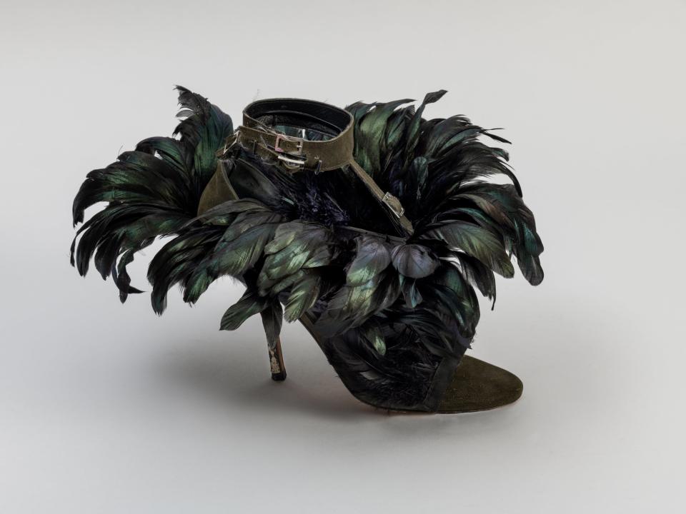 Green cockerel feathers and snakeskin shoe, by Gina, Dress of the Year 2007 (Fashion Museum Bath)