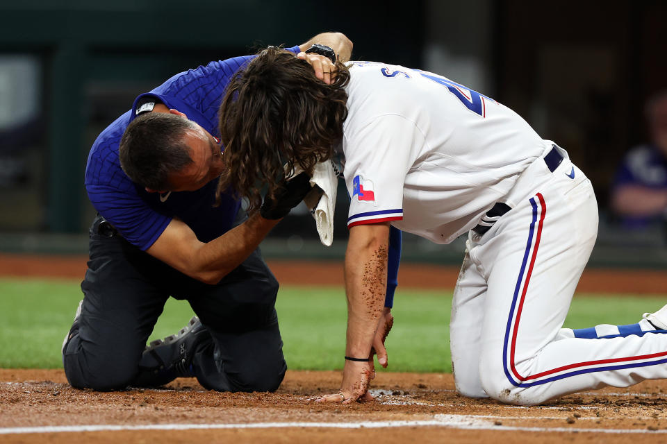 Josh Smith was hit in the face by a pitch from Baltimore's Danny Coulombe in the third inning of their game on Monday night