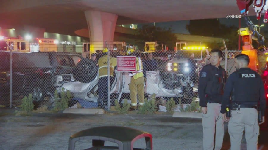 Two people were killed and another seriously hurt after two vehicles flew off an exit ramp and into a Los Angeles International Airport parking lot on Saturday, June 22, 2024. (KNN)