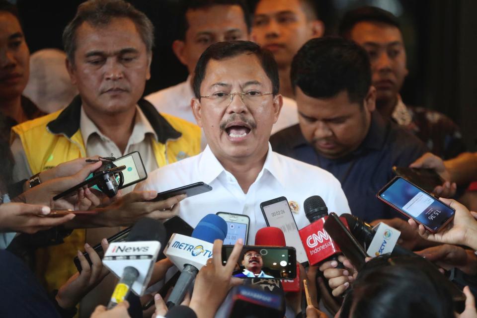 Indonesian Health Minister Terawan Agus Putranto speaks to reporters on February 15.