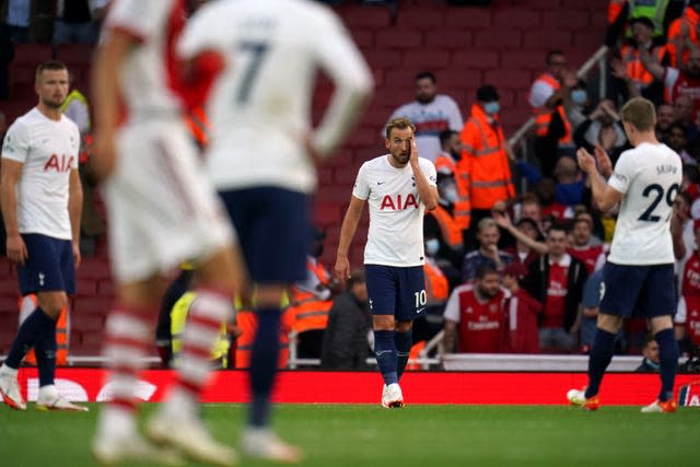 Harry Kane, centre, shows his frustration during Tottenham's derby defeat to Arsenal