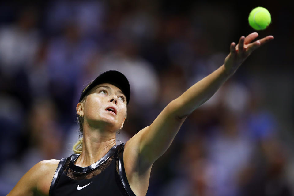 <p>Maria Sharapova of Russia reacts during her first round Women’s Singles match against Simona Halep of Romania on Day One of the 2017 US Open at the USTA Billie Jean King National Tennis Center on August 28, 2017 in the Flushing neighborhood of the Queens borough of New York City. (Photo by Clive Brunskill/Getty Images) </p>