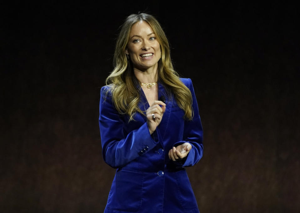 FILE - Olivia Wilde, director of the upcoming film "Don't Worry Darling," discusses the film during the Warner Bros. Pictures presentation at CinemaCon 2022 in Las Vegas on April 26, 2022. (AP Photo/Chris Pizzello, File)