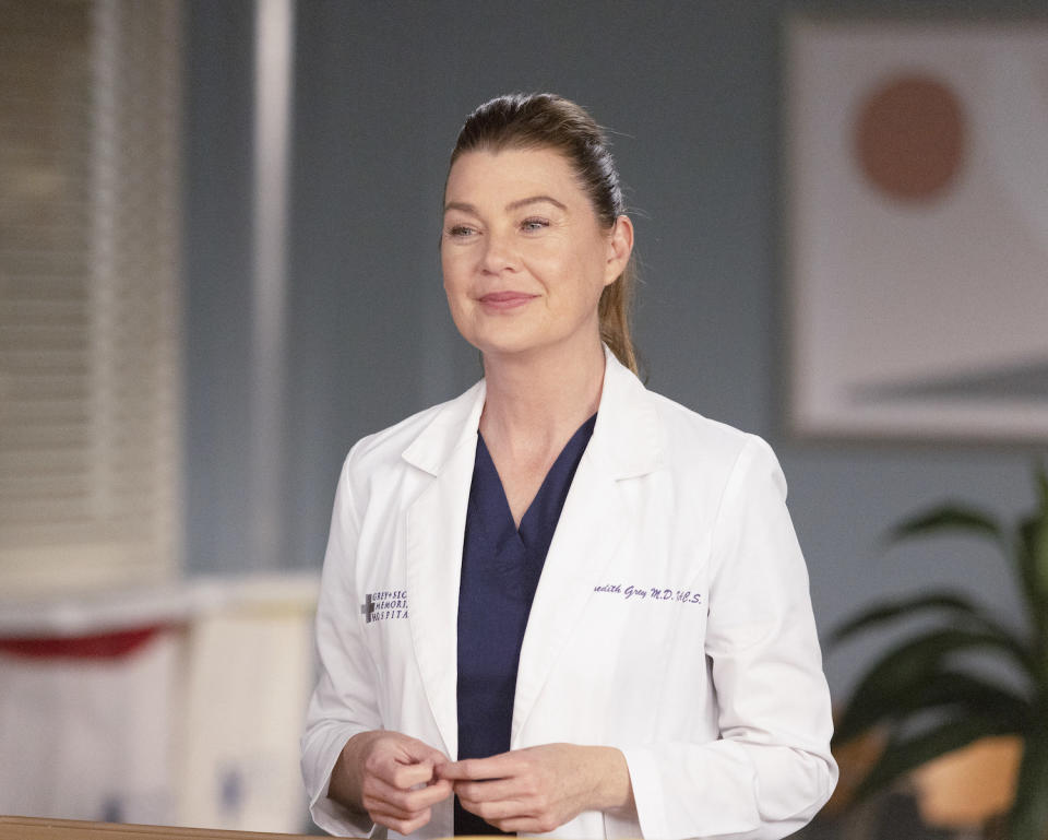 close up of meredith in a doctor's coat