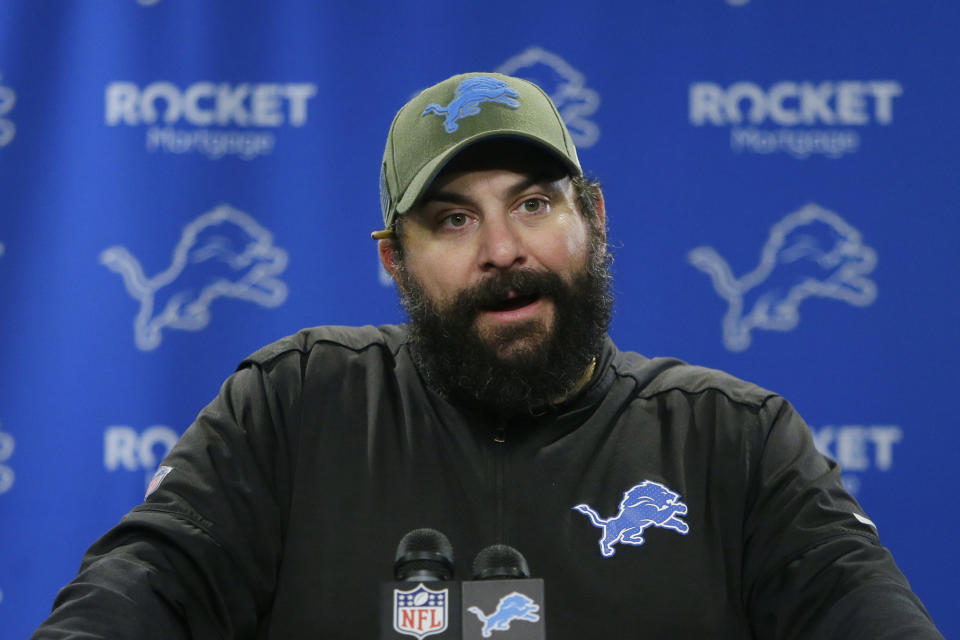 FILE - In this Nov. 17, 2019, file photo, Detroit Lions head coach Matt Patricia addresses the media after an NFL football game against the Dallas Cowboys, in Detroit. With sports still largely on hold because of the coronavirus pandemic, athletes and coaches have been looking for ways to pass all that unexpected free time. For Detroit Lions coach Matt Patricia, it's strumming a ukulele. (AP Photo/Duane Burleson, File)