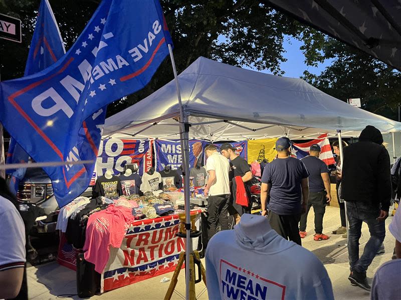 Vendors are pictured setting up shop Thursday ahead of former President Donald Trump's campaign rally at Crotona Park in the South Bronx.