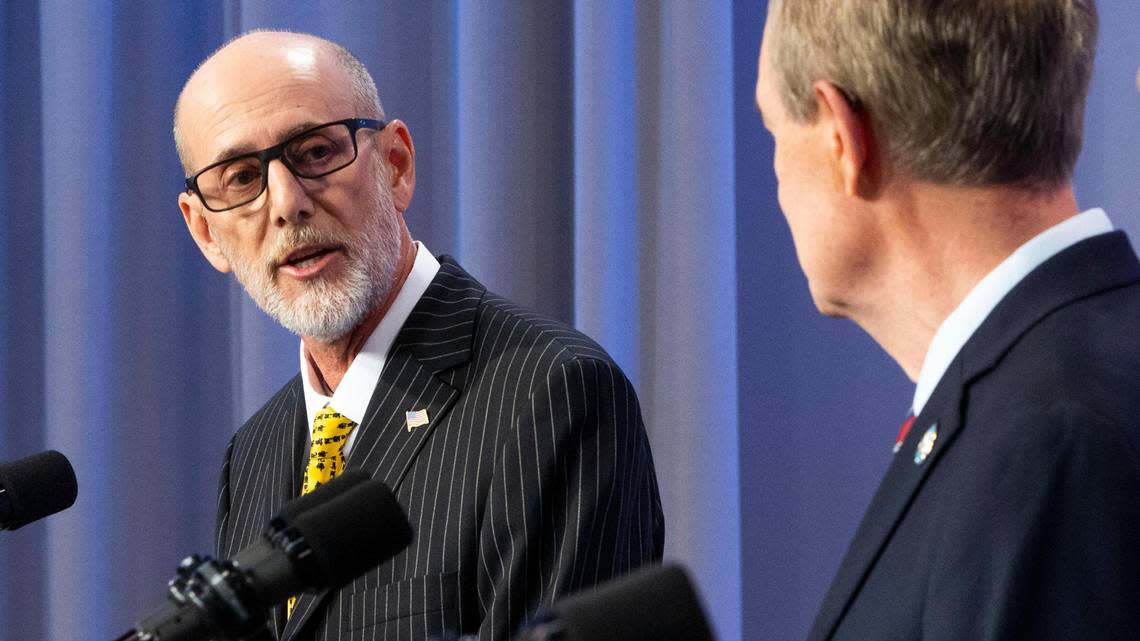 Scott Cleveland, independent candidate for U.S. Senate in Idaho takes aim at incumbent Sen. Mike Crapo, R-Idaho, during an Idaho Public Television debate, on Oct. 3, 2022, in Boise.