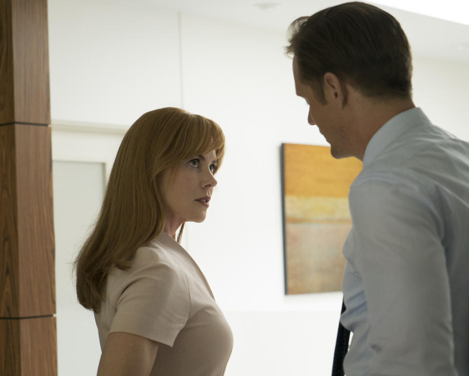 This image released by HBO shows Nicole Kidman, left, and Alexander Skarsgard in “Big Little Lies.” (Hilary Bronwyn Gayle/HBO via AP)