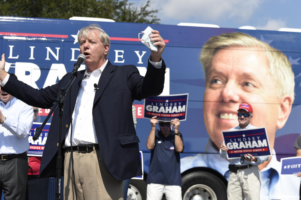 Republican U.S. Sen. Lindsey Graham of South Carolina speaks to supporters at a get-out-the-vote rally on Friday, Oct. 16, 2020, in North Charleston, S.C. (AP Photo/Meg Kinnard)