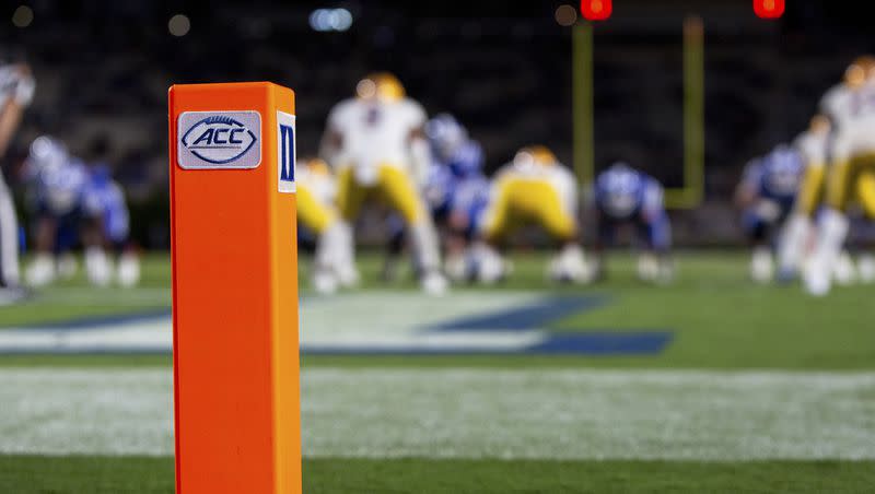 FILE - The ACC logo is seen on a pylon at the back of an end zone during an NCAA college football game between Duke and Pittsburgh in Durham, N.C., Saturday, Oct. 5, 2019. The Atlantic Coast Conference will expand next season, adding Stanford, California and SMU, the league announced Friday.