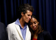 Bill Cosby accuser Andrea Constand embraces Special Prosecutor Kristen Gibbons Feden during a news conference after a jury convicted actor and comedian Bill Cosby for sexual assault during a retrial in Norristown, Pennsylvania, U.S., April 26, 2018. REUTERS/Brendan McDermid/Files