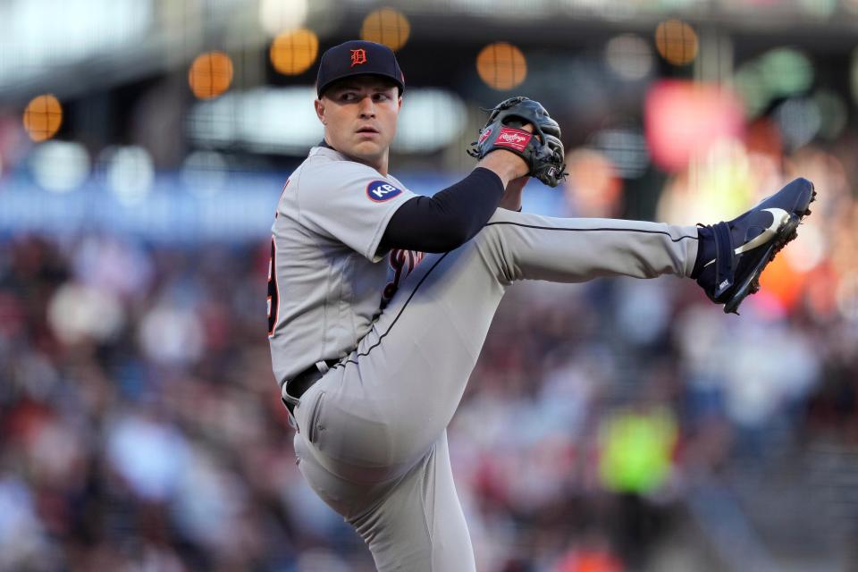 Tigers pitcher Tarik Skubal throws against the Giants during the first inning on Tuesday, June 28, 2022, in San Francisco.