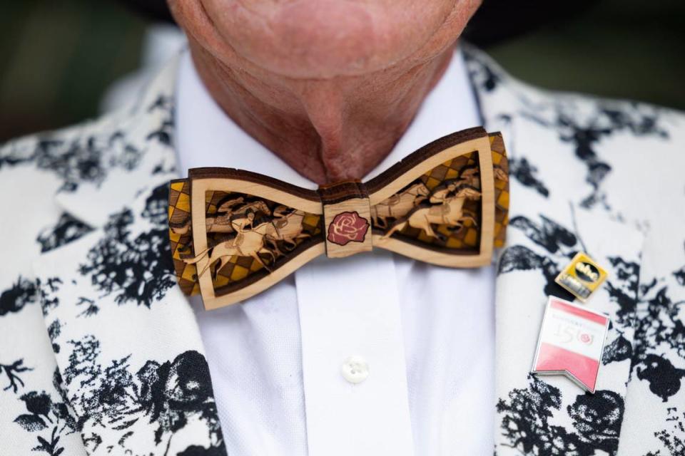 A bowtie made out of wood was not to hard to miss on Kentucky Derby Day at Churchill Downs in Louisville, Ky, Saturday, May 4, 2024.
