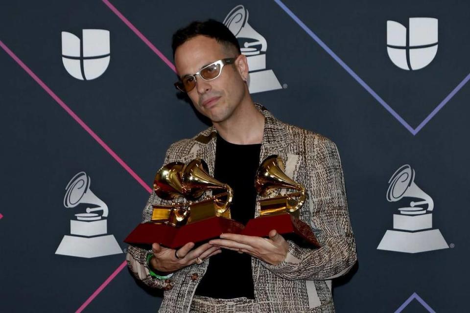 Alizzz poses with the Best Pop/Rock Song, Best Alternative Song and Best Recording Package awards in the press room during the 22nd annual Latin Grammy Awards ceremony at the MGM Grand Garden Arena in Las Vegas.