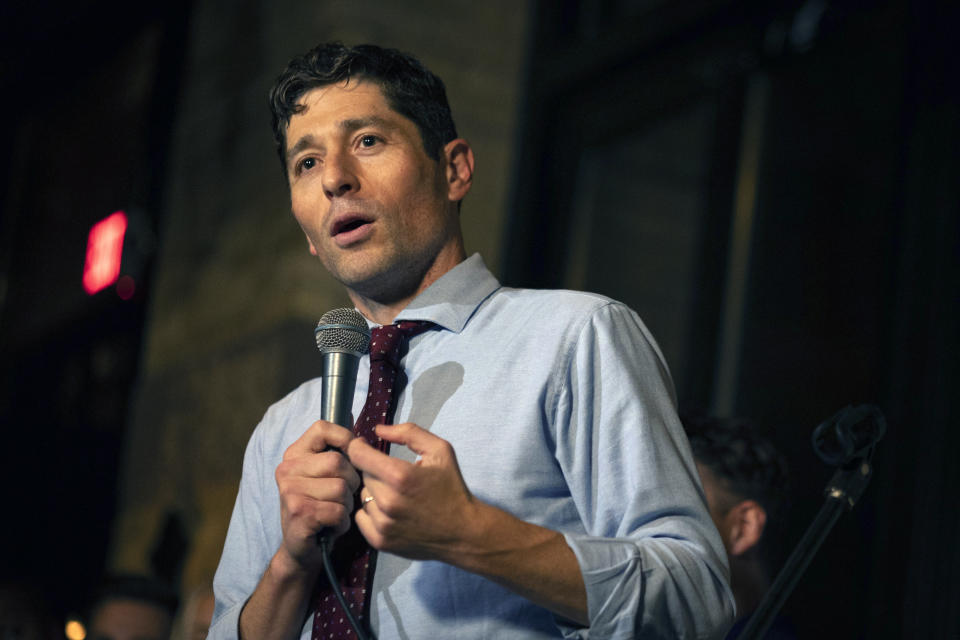 FILE - Minneapolis Mayor Jacob Frey gives a speech, Nov. 2, 2021, in Minneapolis. The Minneapolis City Council overrode a mayoral veto on Thursday, Feb. 8, 2024, and approved a resolution that calls for a cease-fire in Gaza and for an end to U.S. military funding to Israel. (AP Photo/Christian Monterrosa, File)