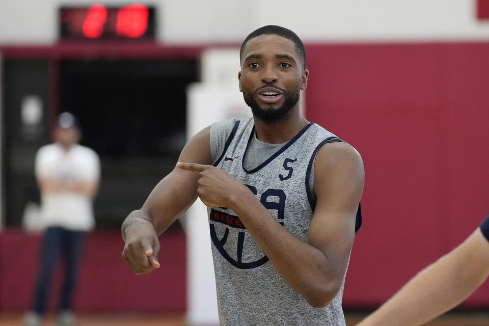 Mikal Bridges of the Brooklyn Nets motions during training camp for the United States men's basketball team Thursday, Aug. 3, 2023, in Las Vegas. (AP Photo/John Locher)