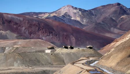 Dump trucks operate at Barrick Gold Corp's Veladero gold mine in Argentina's San Juan province, April 26, 2017. REUTERS/Marcos Brindicci