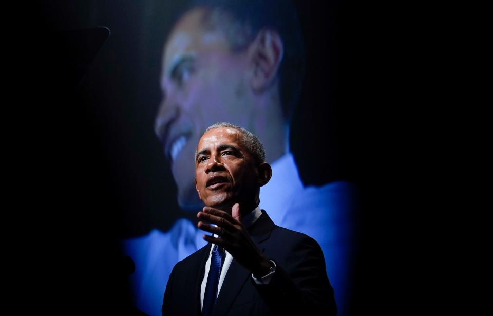 Former President Barack Obama speaks during a memorial service for former Senate Majority Leader Harry Reid at the Smith Center in Las Vegas in January. Obama won an Emmy Award for his work on the Netflix documentary series, "Our Great National Parks," earlier this month.