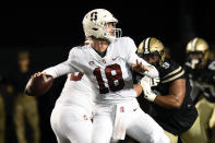 Stanford quarterback Tanner McKee (18) looks to pass against Vanderbilt in the first half of an NCAA college football game Saturday, Sept. 18, 2021, in Nashville, Tenn. (AP Photo/Mark Zaleski)