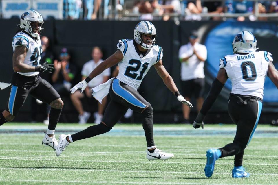 Panthers safety Jeremy Chinn, center, celebrates with teammates after sacking Minnesota’s quarterback during the game at Bank of America Stadium on Sunday, October 1, 2023 in Charlotte, NC.