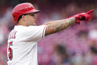 Cincinnati Reds' Nick Senzel reacts after hitting a two-run home run during the second inning of the team's baseball game against the New York Mets on Wednesday, July 6, 2022, in Cincinnati. (AP Photo/Jeff Dean)
