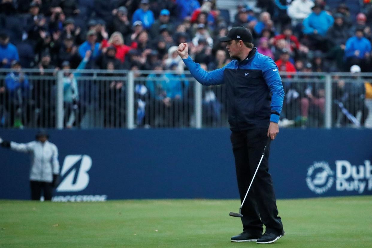 Winning moment | Eddie Pepperell celebrates after sinking the winning putt at Walton Heath: Action Images via Reuters