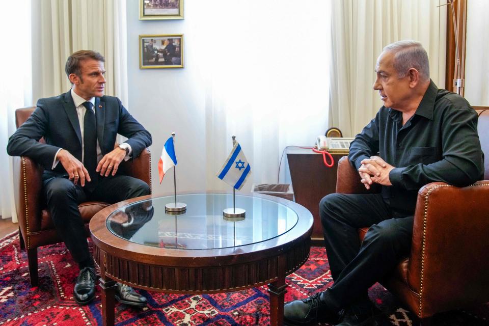 Israeli Prime Minister Benjamin Netanyahu holds a meeting with French President Emmanuel Macron (POOL/AFP via Getty Images)