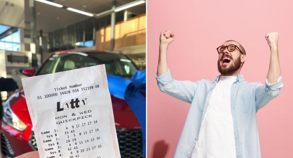 Lotto ticket held up in front of new car; Man celebrating