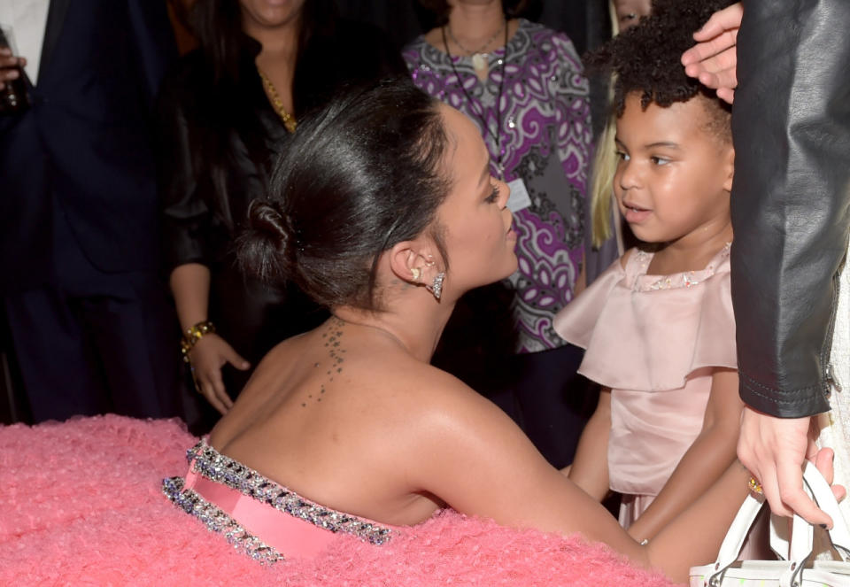 <p>Sunday wasn’t Blue’s first Grammys. She hung out backstage at the show in Feb. 2015, chatting up — or giving side-eye to? — Rihanna. (Photo: Getty Images) </p>