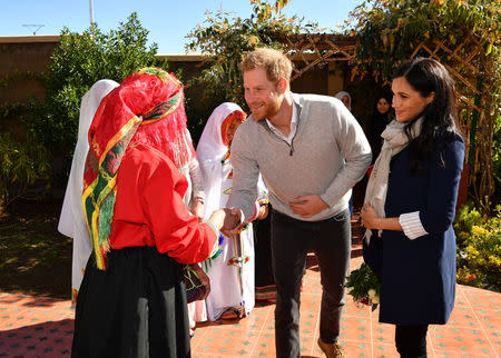 Britain's Prince Harry and Meghan Duchess of Sussex visit a boarding house in the town of Asni, Morocco February 24, 2019. Tim Rooke/Pool via REUTERS