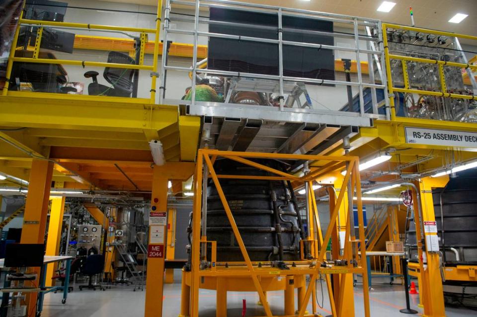 One of the RS-25 engines that will propel Artemis 4, engine 2044, being assembled at Aerojet Rocketdyne at Stennis Space Center in Bay St. Louis on Wednesday, April 3, 2024. Hannah Ruhoff/Sun Herald