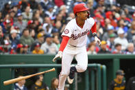 Washington Nationals third baseman Trey Lipscomb hits a single during the second inning of an opening-day baseball game against the Pittsburgh Pirates at Nationals Park, Monday, April 1, 2024, in Washington. (AP Photo/John McDonnell)