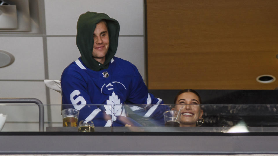 Maple Leafs super fan Justin Bieber takes in a game. (Photo by Mark Blinch/NHLI via Getty Images)