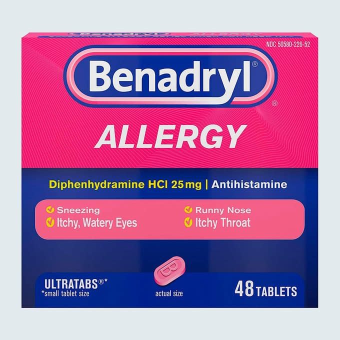 <a href="https://www.amazon.com/Benadryl-Ultratabs-Antihistamine-Allergy-Diphenhydramine/dp/B001F1DV72/ref=cm_cr_arp_d_product_top?ie=UTF8&tag=readerwp-20" rel="nofollow noopener" target="_blank" data-ylk="slk:Benadryl;elm:context_link;itc:0;sec:content-canvas" class="link rapid-noclick-resp">Benadryl</a><span class="site_url"><a href="https://www.amazon.com/Benadryl-Ultratabs-Antihistamine-Allergy-Diphenhydramine/dp/B001F1DV72/ref=cm_cr_arp_d_product_top?ie=UTF8&tag=readerwp-20" rel="nofollow noopener" target="_blank" data-ylk="slk:amazon.com;elm:context_link;itc:0;sec:content-canvas" class="link rapid-noclick-resp">amazon.com</a></span><span class="product_price">$13.27</span>