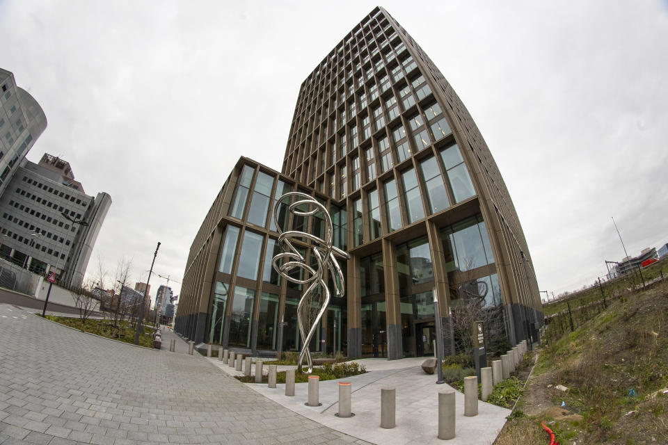 Exterior view of the European Medicines Agency in Amsterdam, Netherlands, Wednesday, Jan. 6, 2021. The European Union's medicines agency gave the green light Wednesday to Moderna Inc.'s COVID-19 vaccine, a decision that gives the 27-nation bloc a second vaccine to use in the desperate battle to tame the virus rampaging across the continent. (AP Photo/Peter Dejong)