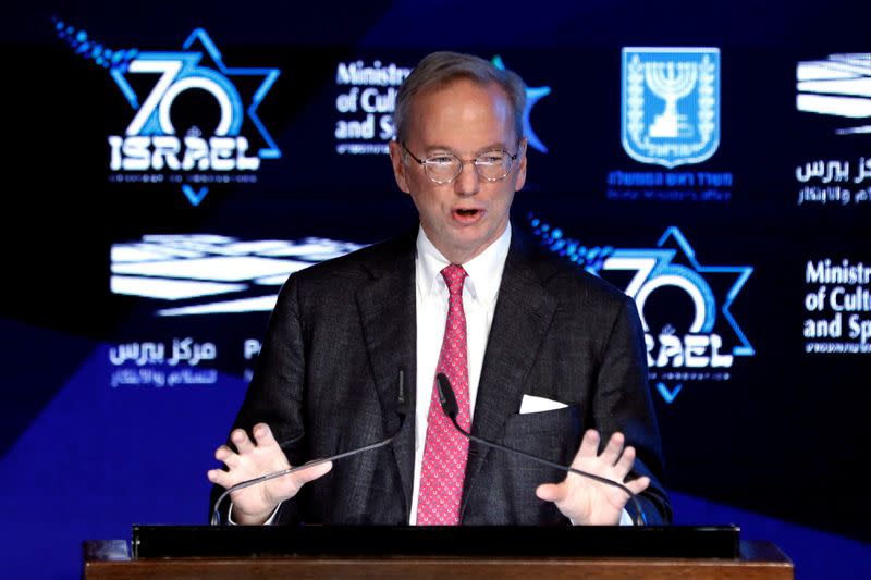 FILE PHOTO: Former Google Chief Executive Eric Schmidt speaks during the opening event of The Prime Minister's Israeli Innovation Summit in Jerusalem