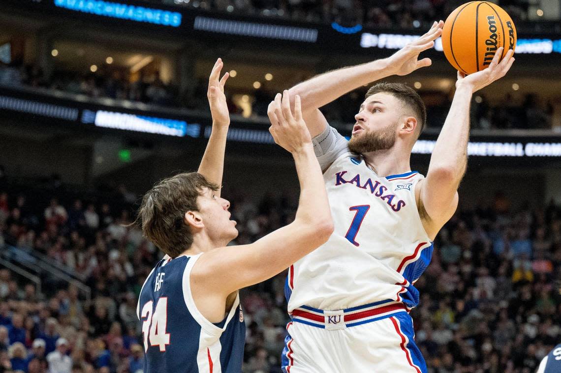 Kansas Jayhawks center Hunter Dickinson (1) shoots over Gonzaga Bulldogs forward Braden Huff (34) during a men’s college basketball game in the second round of the NCAA Tournament on Saturday, March 23, 2024, in Salt Lake City, Utah.