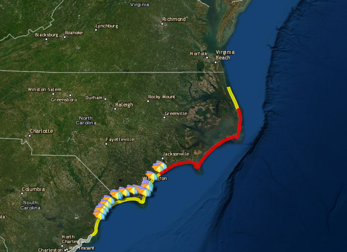 A map from the National Weather Service shows the level of rip current risks along the North Carolina coast on Sunday, July 3.