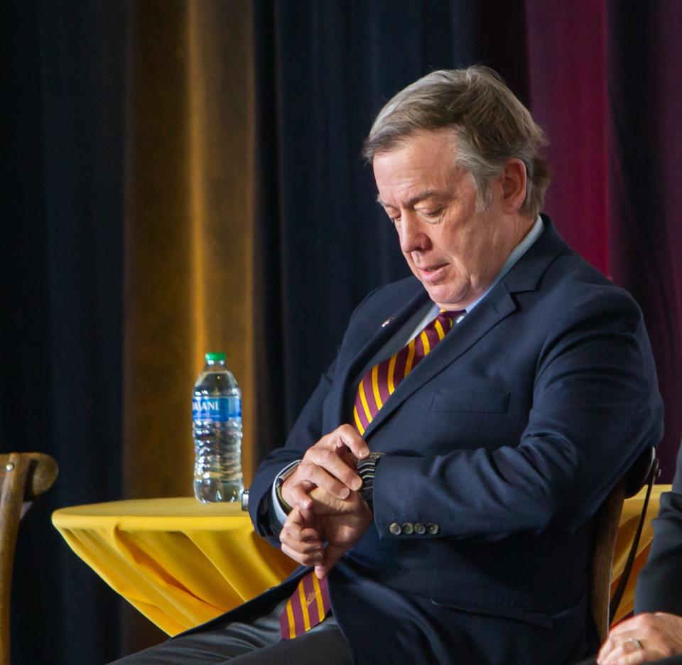 Arizona State University President Michael Crow onstage during a groundbreaking on the ASU West campus in Glendale on March 29, 2023.