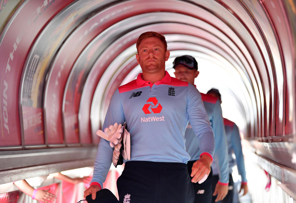 JOHANNESBURG, SOUTH AFRICA - FEBRUARY 09: Jonny Bairstow of England makes his way out for the start during the 3rd One Day International match between England and South Africa on February 09, 2020 in Johannesburg, South Africa. (Photo by Dan Mullan/Getty Images)
