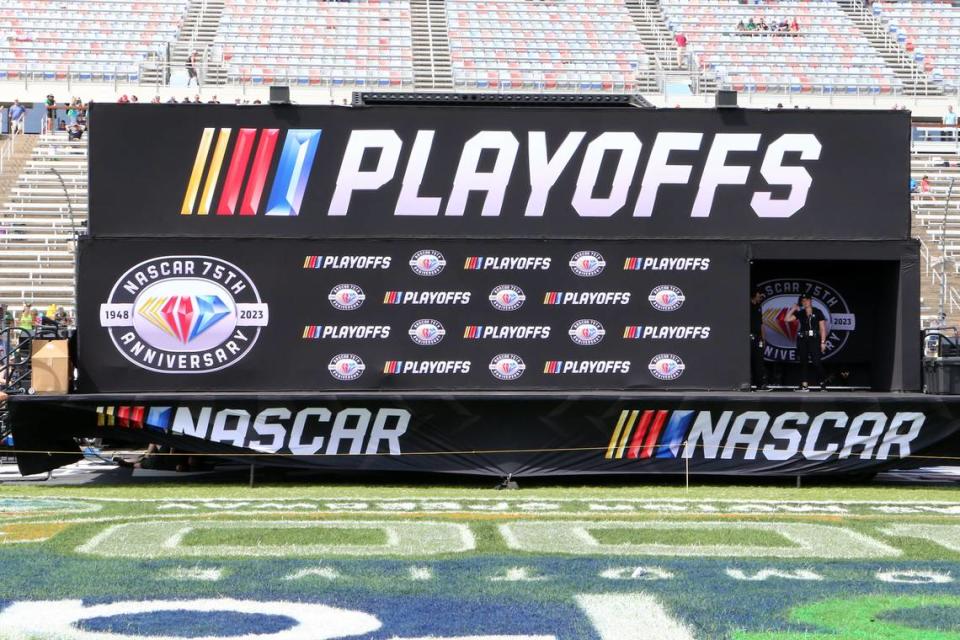 Sep 24, 2023; Fort Worth, Texas, USA; A general view of the NASCAR Cup Series AutoTrader EcoPark Automotive 400 driver introduction trailer before the race at Texas Motor Speedway. Mandatory Credit: Michael C. Johnson-USA TODAY Sports