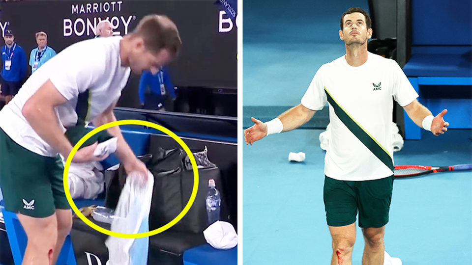 Andy Murray (pictured left) cleaning up his rubbish and (pictured right) Murray celebrating his win at the Australian Open.